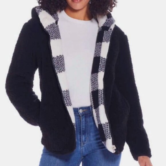 NWT Weatherproof Reversible Sherpa Zip Hoodie Black/White Buffalo Plaid Size S - Picture 16 of 16